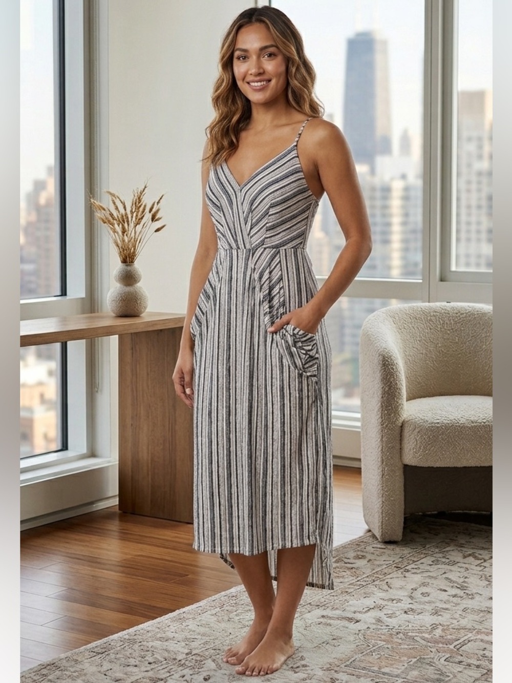 BCBGeneration Striped V-Neck Cami High-Low Dress Size XS